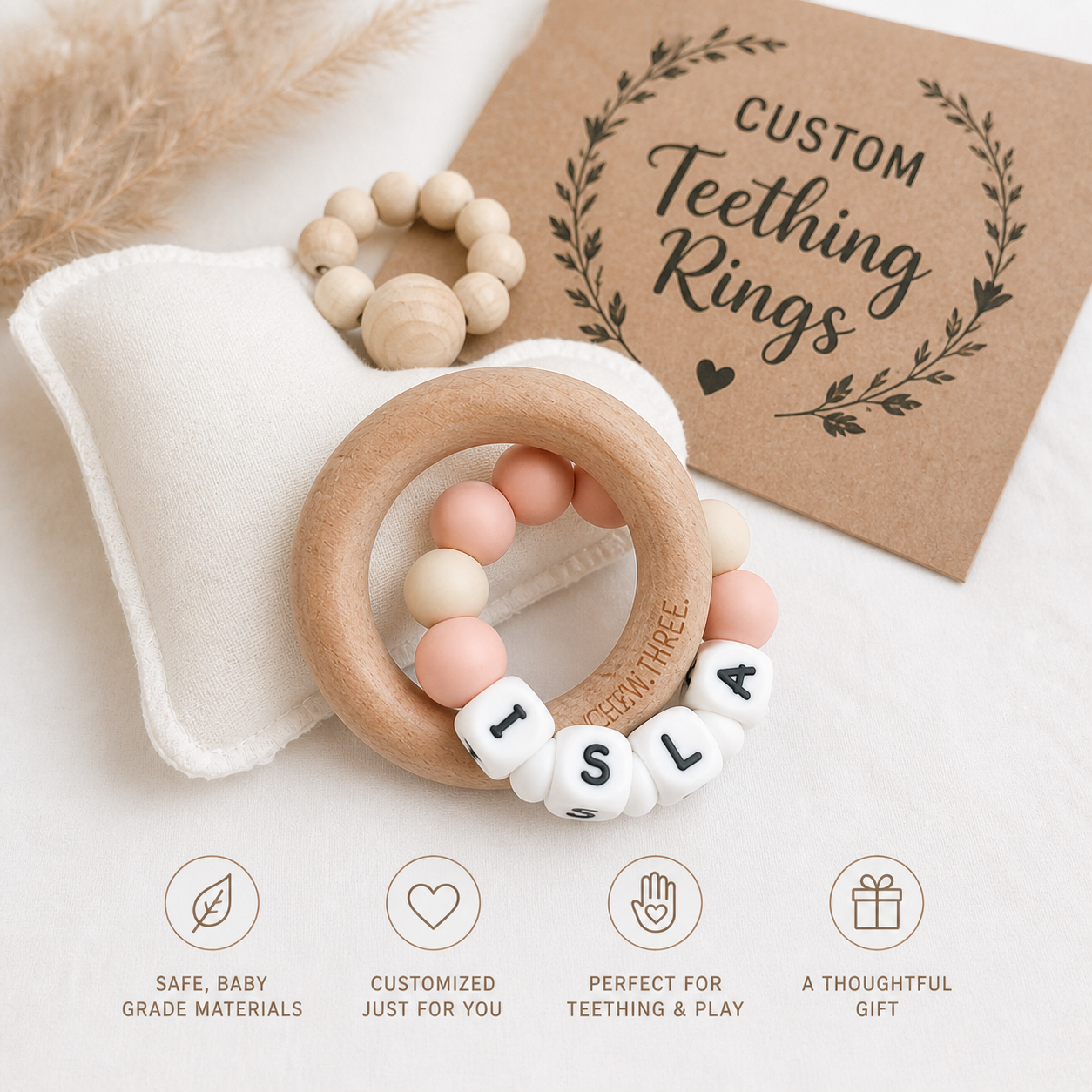 Personalized Baby Teething Ring | Custom Name | Silicone & Wooden Teether