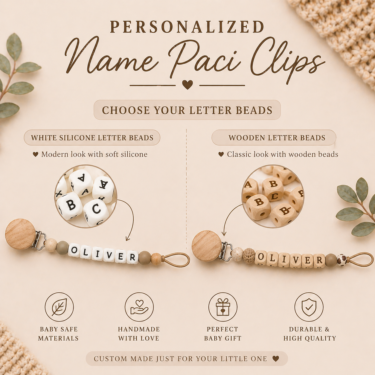 Personalized Baby Name Paci Clip | Custom Silicone or Wooden Beads