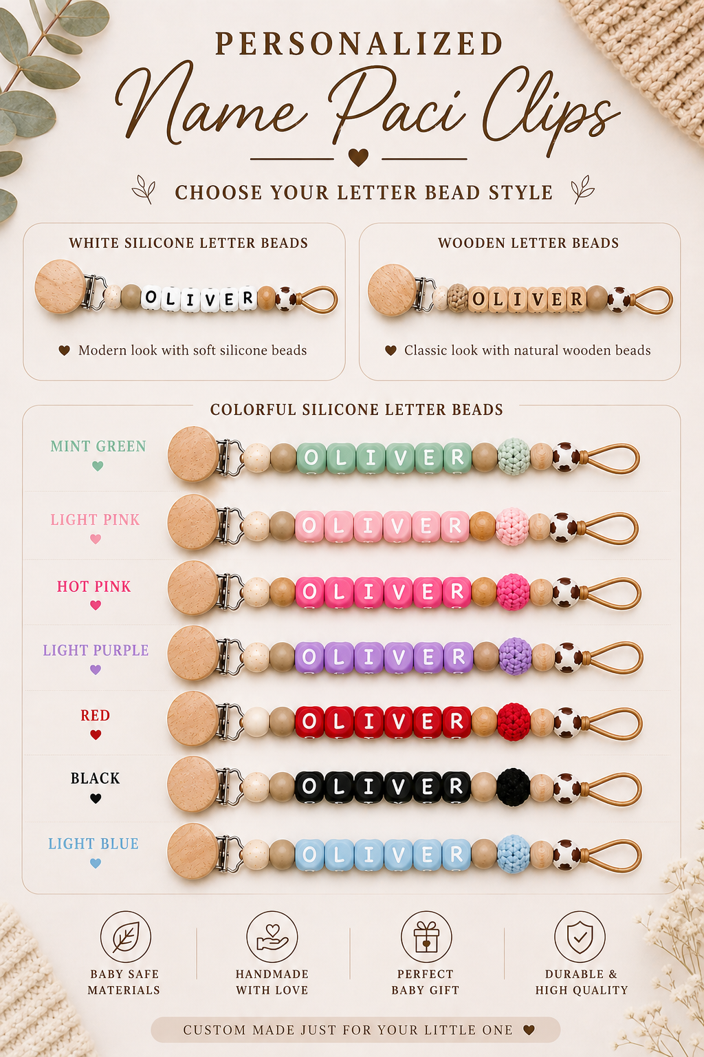 Personalized Baby Name Paci Clip | Custom Silicone or Wooden Beads